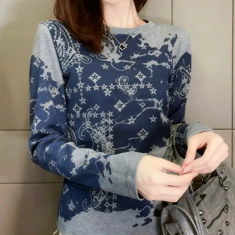 【星星腰果花】欧货小众设计复古蓝色印花圆领长袖休闲T恤上衣1812