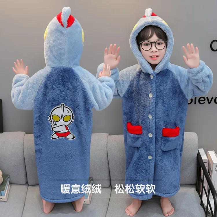 奥特曼男童睡袍秋冬加厚儿童珊瑚绒睡衣秋冬季宝宝家居服外穿浴袍