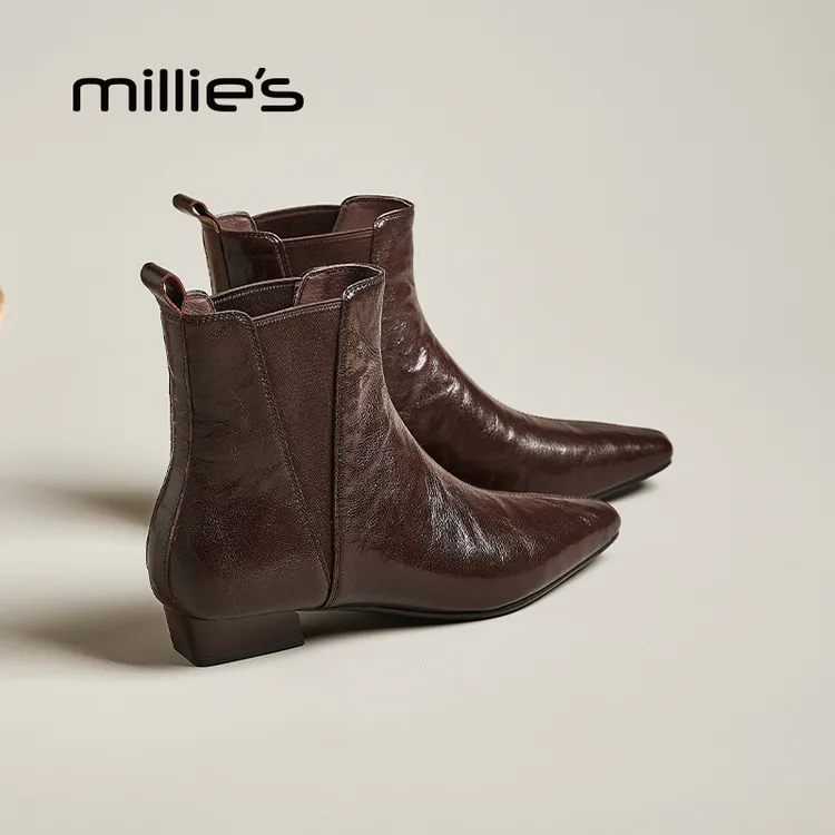 MILLIE'S/妙丽尖头平底复古手抓纹羊皮气质加绒切尔西短靴秋冬