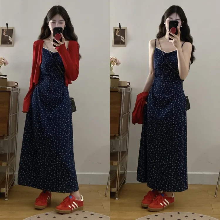 2025大码女装法式复古春夏新款显白红色开衫碎花吊带连衣裙两件套