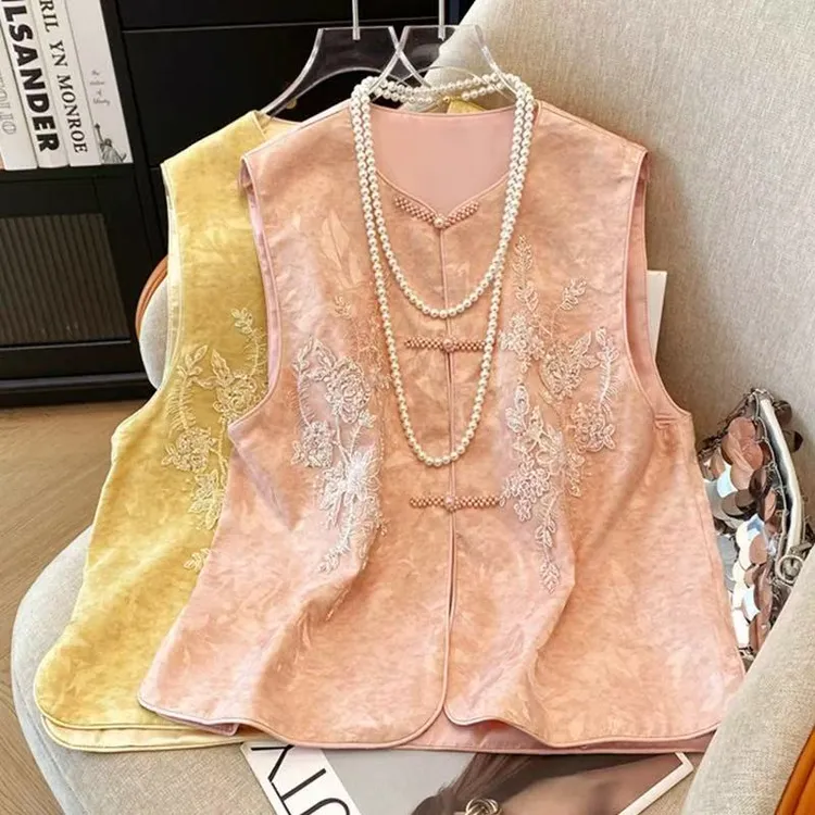 新中式重工刺绣复古百搭时尚洋气亮片珍珠盘扣提花中国风圆领马甲