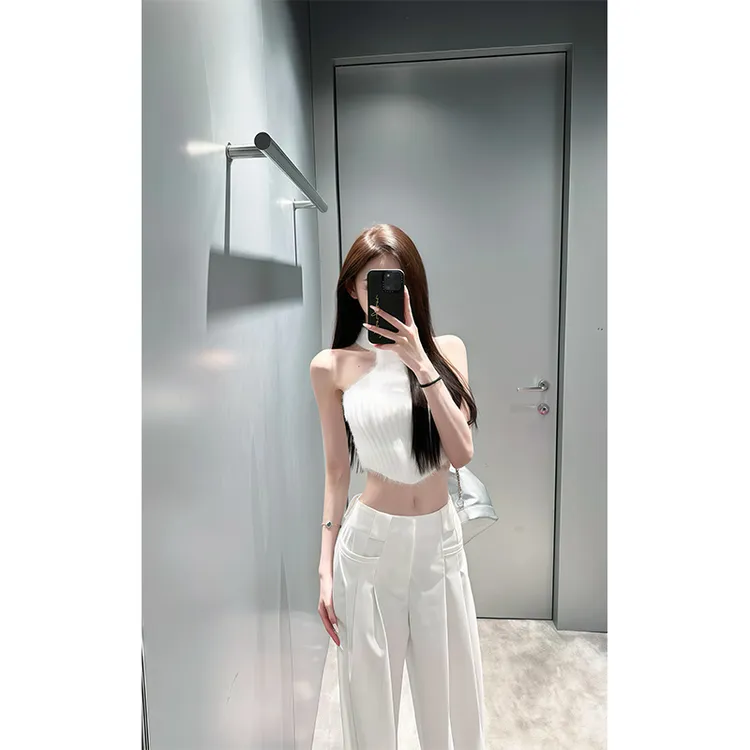 2025夏季新款纯欲设计感无袖挂脖针织上衣女配高腰显瘦休闲长裤