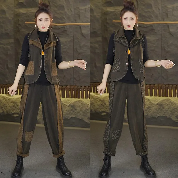 水洗牛仔套装春季新款时尚女休闲洋气潮流妈妈装马甲+裤子两件套