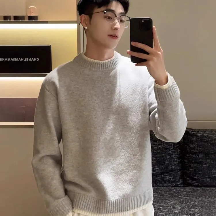 假两件圆领毛衣男士羊毛衫秋冬新款内搭针织衫男百搭宽松潮流加厚