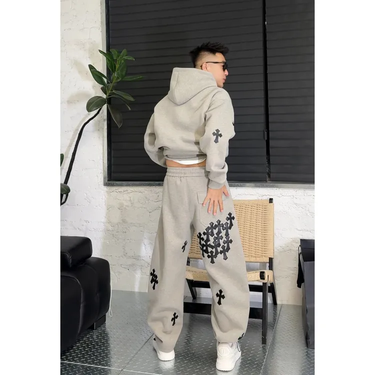 YULE语乐 2551高街贴皮十字花设计弯刀卫裤秋冬加厚连帽卫衣