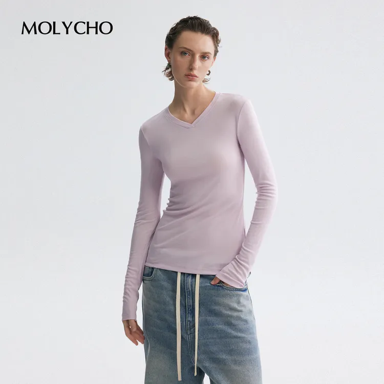 MOLYCHO｜日常B备/简约亲肤V领长袖T恤/修身显瘦内搭打底衫上衣