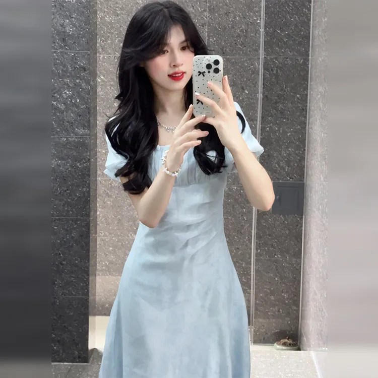 【特价+现货】新款夏款流行长裙子洋气蓝色泡泡袖连衣裙慵懒风