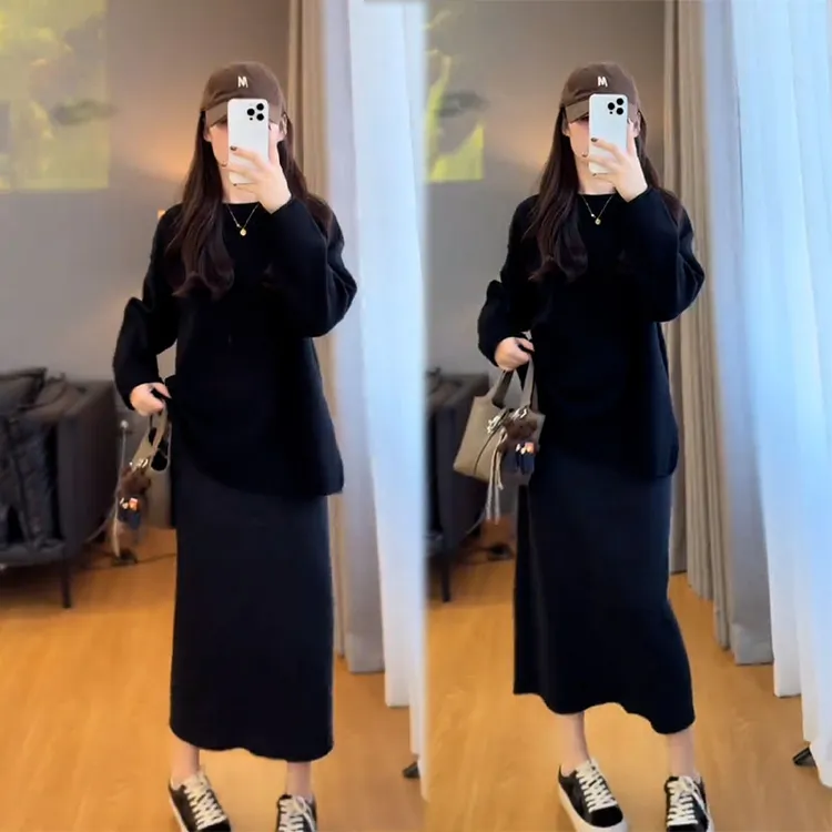 2025秋季新款设计感气质百搭长袖圆领上衣女搭配休闲半身裙两件套