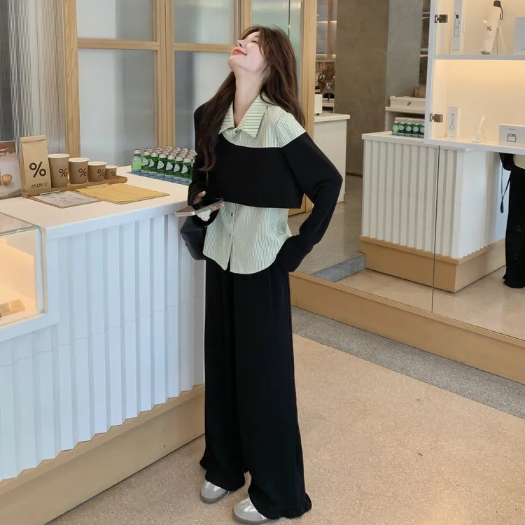 设计感假两件卫衣套装女2025春秋新款休闲风条纹衬衫阔腿裤两件套