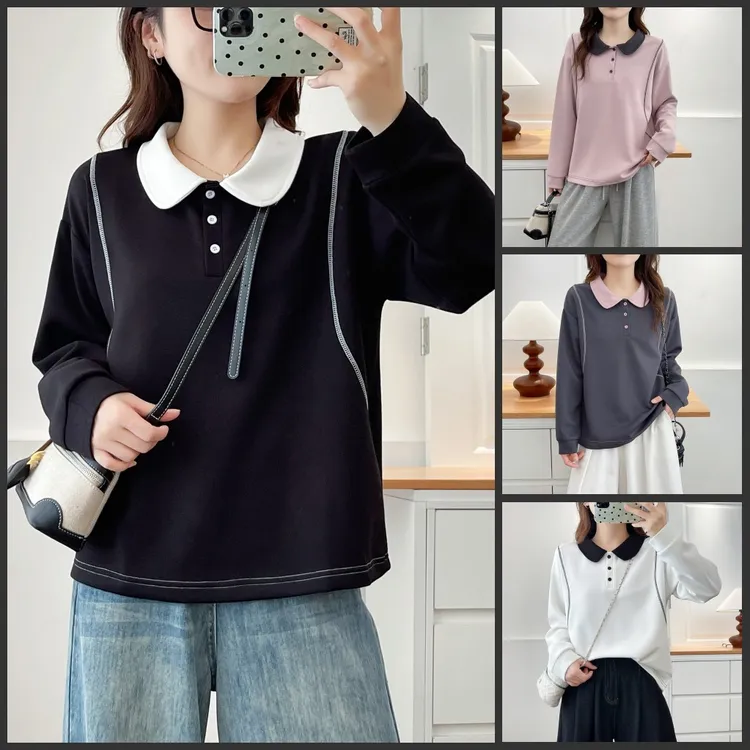 110-200斤大码女装宽松遮肚子拼色小翻领长袖T恤胖mm秋装显瘦上衣