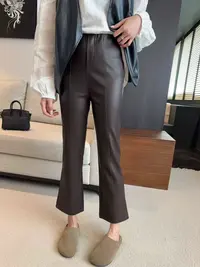 【钰姐精选】夕6703-微喇九分弹力松紧休闲裤外穿口袋高腰皮裤气质
