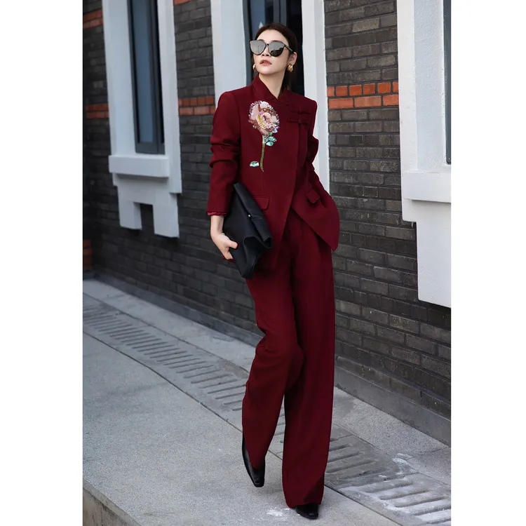 新中式国风套装重要场合宴会装设计感盘扣立领西装外套长裤两件套