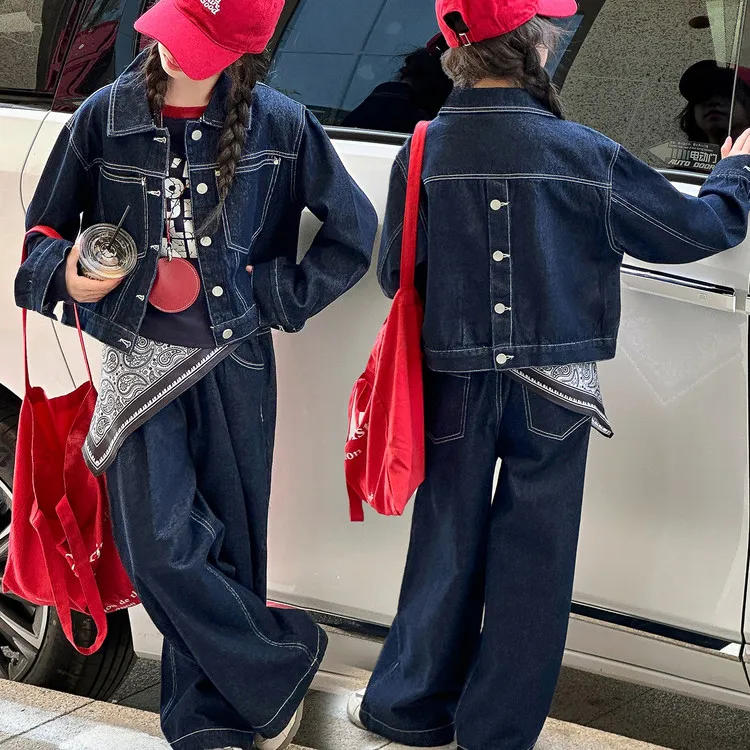 女童牛仔套装春秋季新款中大童外套阔腿裤两件套女孩韩版洋气秋装