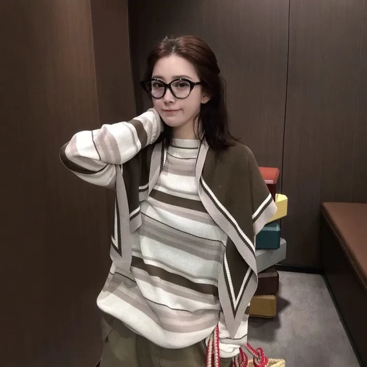 高级感条纹长袖针织衫t恤女春秋季设计感披肩外搭叠穿两件套上衣