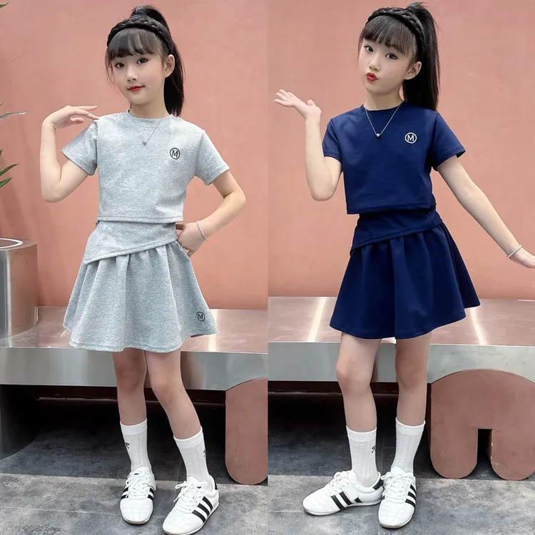 女童韩版2025新款夏季中大童时尚洋气短袖时髦不规则半身裙套装