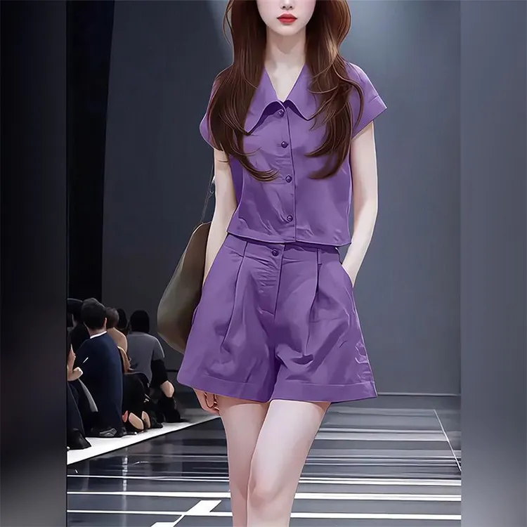 紫色时尚休闲裤套装2025夏季新款设计感翻领短袖衬衫短裤两件套潮