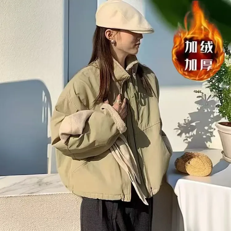 短款2025仿羊羔毛双拉链派克服女小个子韩版休闲宽松棉服外套