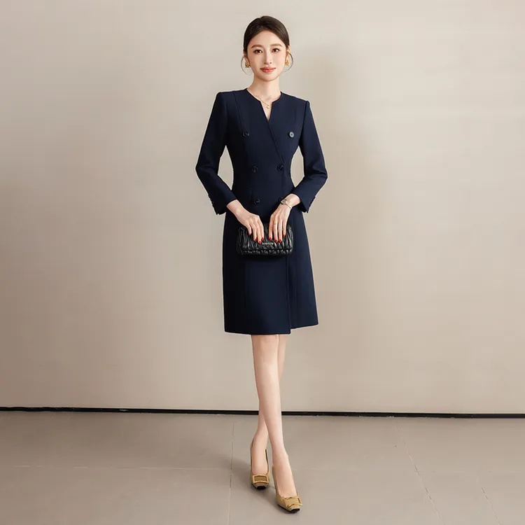 钟老板 藏青色西装连衣裙女收腰显瘦高级感法式通勤气质V领裙子