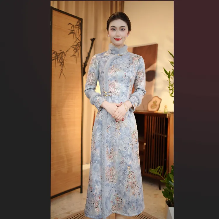 2025新中式日常冬款加绒加厚气质优雅保暖国风奥黛长款显瘦旗袍