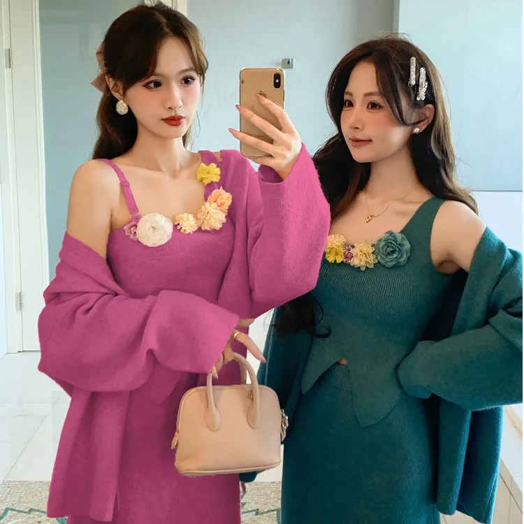 艾日秀法式优雅温柔风立体花朵浪漫甜美吊带半身裙开衫套装G0574