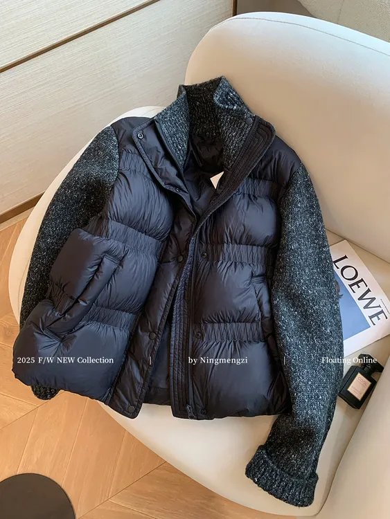 时尚设计感针织拼接黑色立领棉服女2025冬季宽松轻薄保暖短款外套