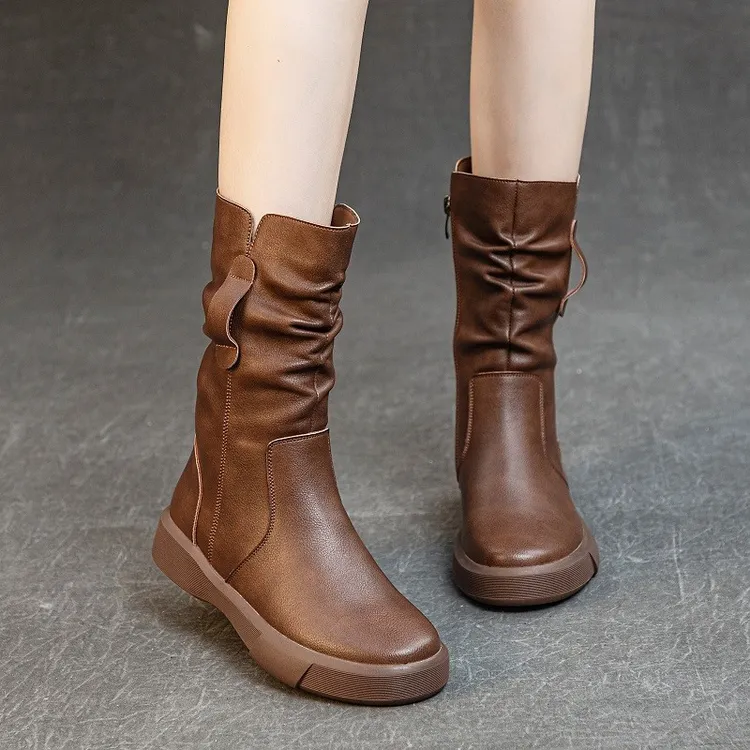 头层牛皮中筒靴女马丁靴2025年秋冬季中跟瘦瘦靴加绒高筒骑行靴子