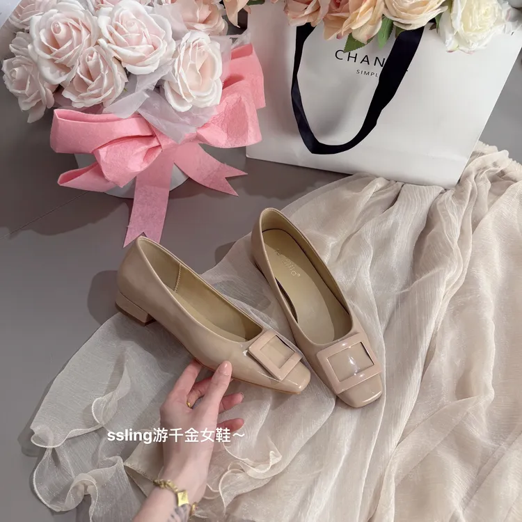 裸粉色3公分～百搭经典方扣耐磨暴走春季粗跟工作鞋单鞋方头皮鞋