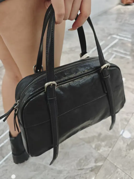 YUSHA/高档30CM黑色小裘水晶植鞣胎牛皮手提波士顿包-66-23