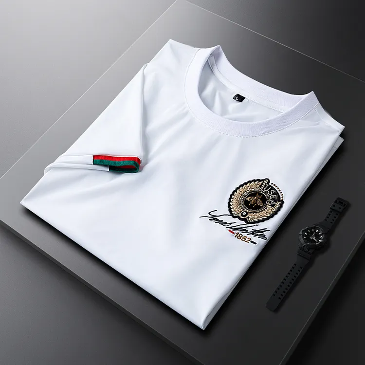 白色t恤男短袖夏季透气凉爽冰丝滑料抗皱蜜蜂刺绣圆领半袖小白T
