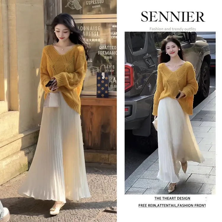 秋季温柔系穿搭女2025新款韩版慵懒百搭针织上衣气质半身裙两件套