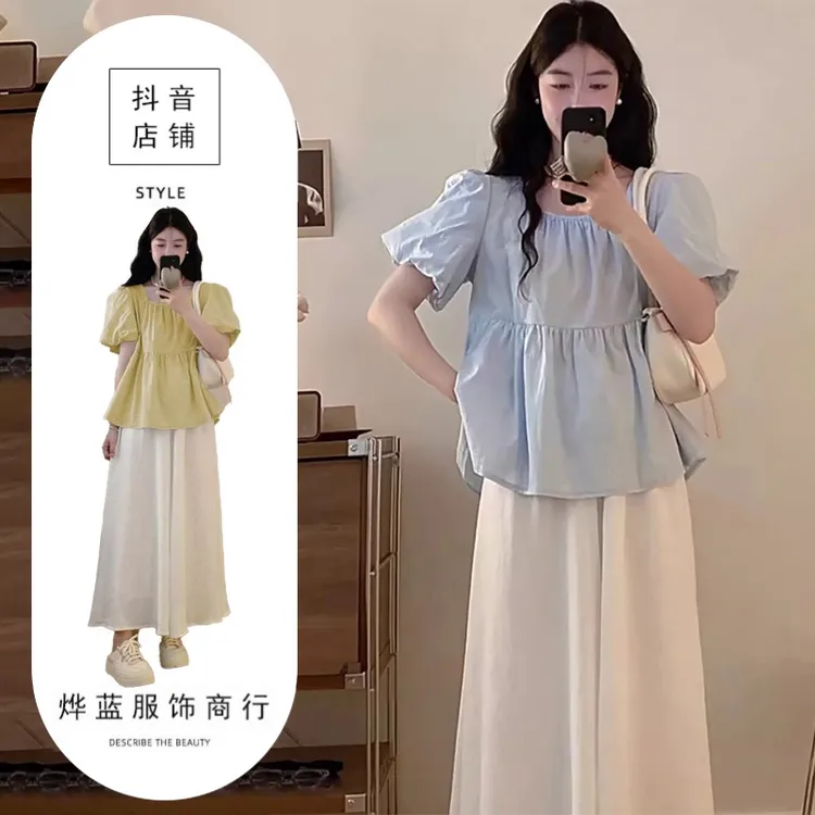夏装搭配一整套微胖mm减龄穿搭套装正肩短袖上衣阔腿裤裙两件套女