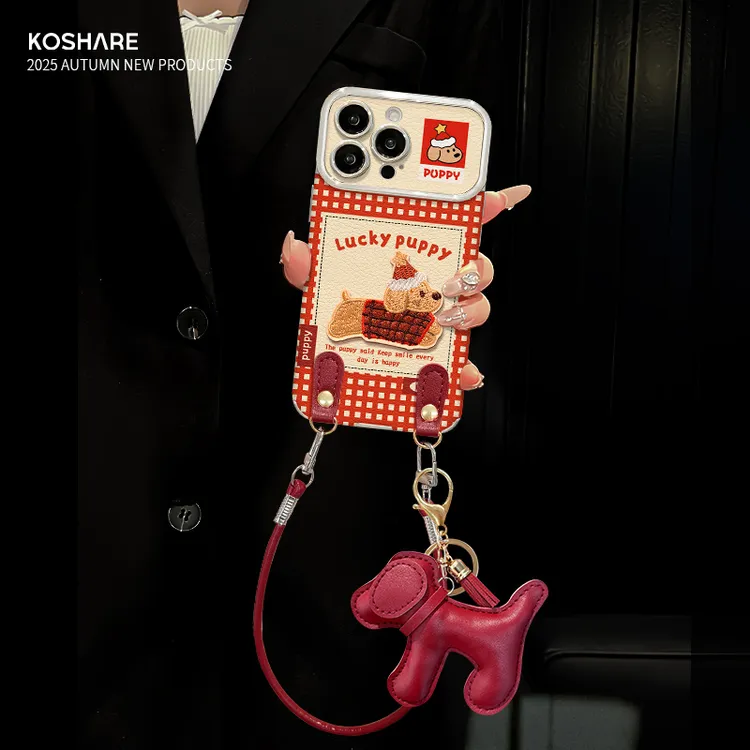 红格子小狗适用苹果17华为vivo/oppo小米iPhone大视窗贴皮手机壳