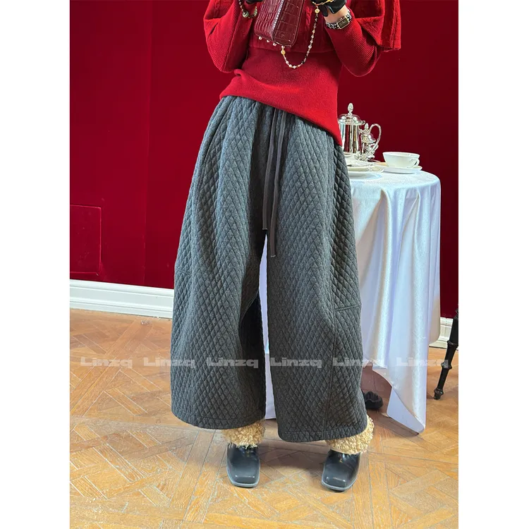 林子秋 【奶奶裤】菱形格复合阔腿休闲裤九分裤
