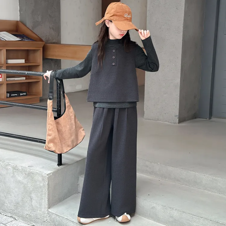 女童套装2025春秋季新款女大童复古美拉德马甲打底衫阔腿裤三件套