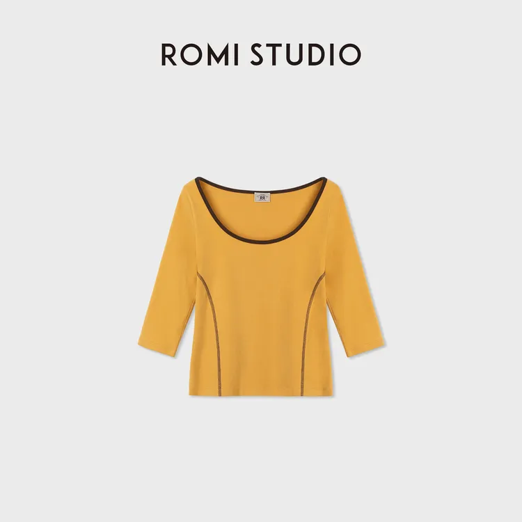 ROMI STUDIO棉质低饱和橘调收腰弹力撞色修身中袖T恤 RWDRSE3719