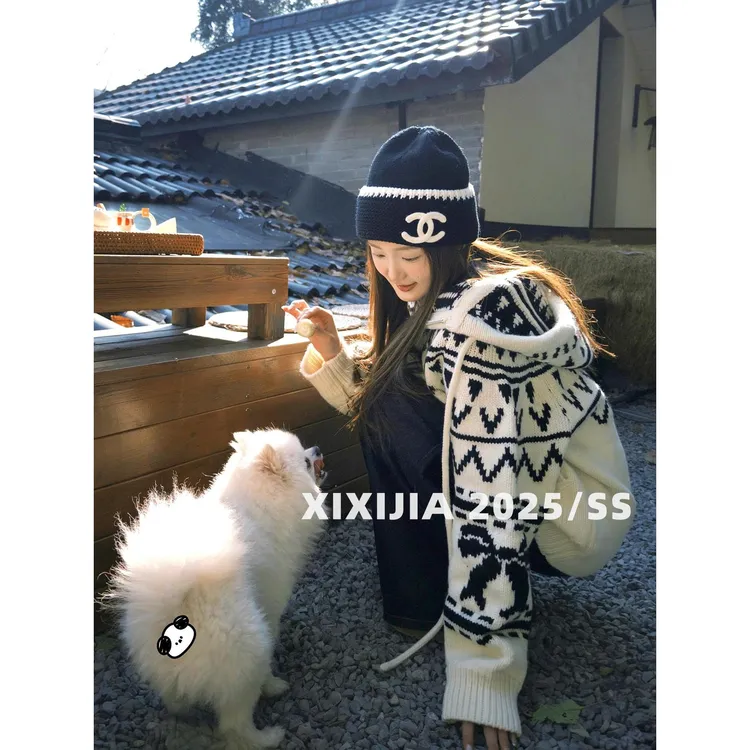 2025秋冬复古费尔岛提花拉链连帽针织开衫毛衣慵懒风宽松外套厚款