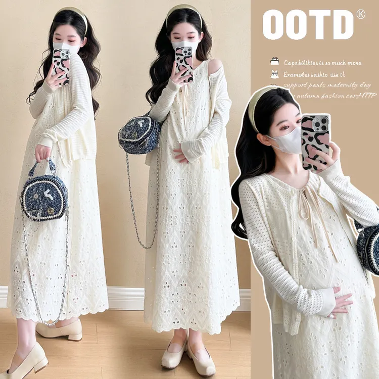 孕妇春夏装2025新款孕妈高级感穿搭蕾丝背心连衣裙春秋款薄款上衣