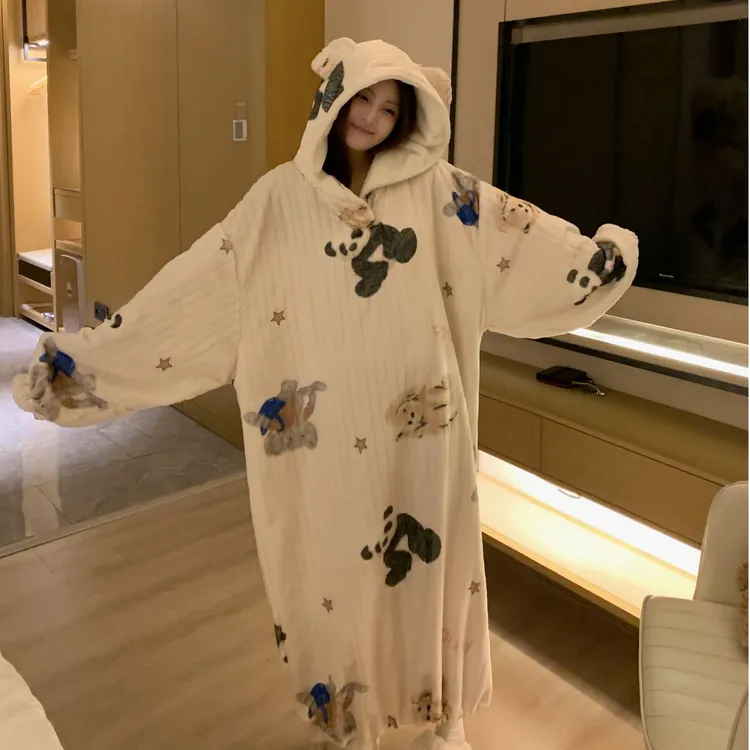 iolloi可爱韩系少女睡袍冬季加厚加绒学生连帽睡裙女可外出睡衣女