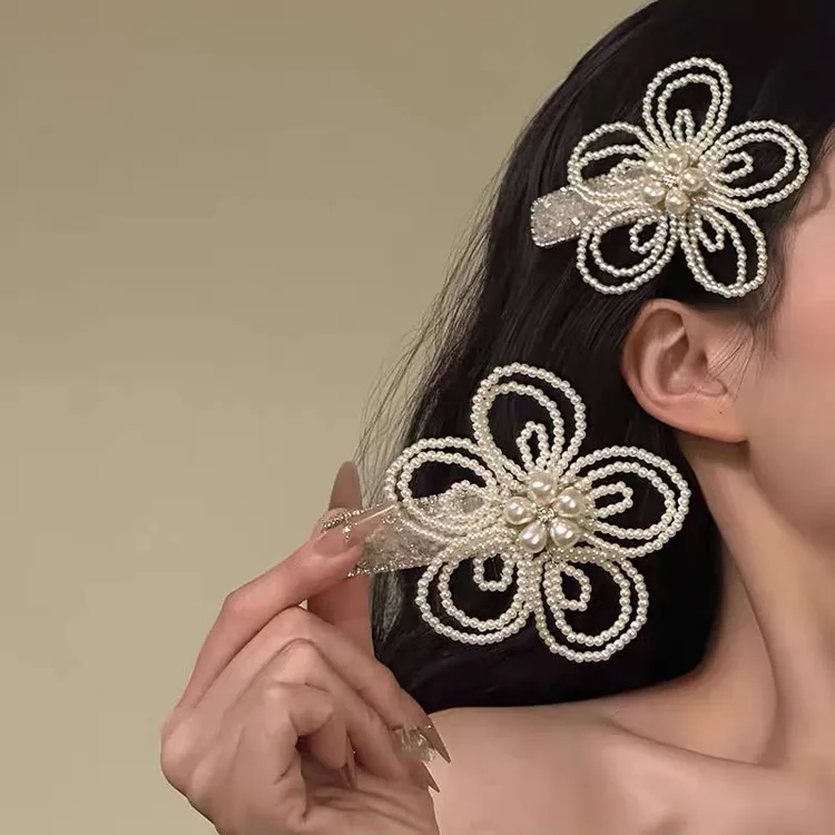 2025原创【优雅花簇】法式甜美珍珠花朵发夹闪锆刘海夹发饰高级感女