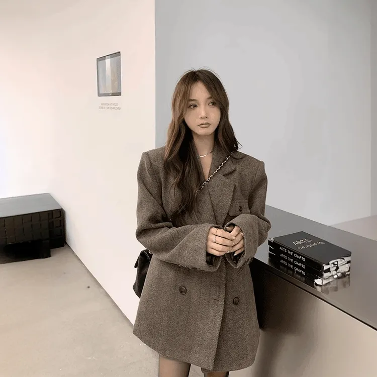 2025新款韩版宽松显瘦西装外套女美拉德穿搭呢子大衣