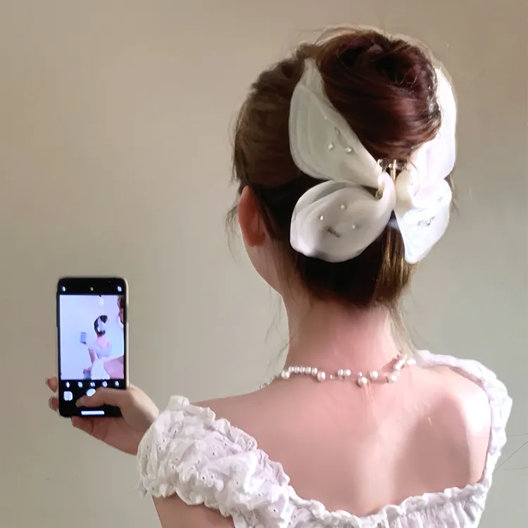 超仙雪雾迷蝶薄纱闪钻蝴蝶抓夹女后脑勺鲨鱼夹超大号发夹头饰发卡