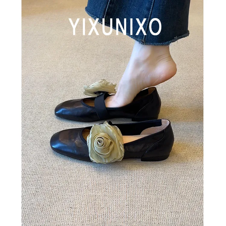 羊皮版~法式时尚一字带花朵浅口百搭单鞋复古玛丽珍女鞋平底方头