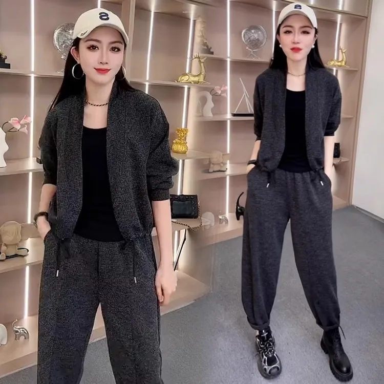 休闲运动套装女2025春夏新款洋气显瘦长袖开衫上衣阔腿裤两件套潮