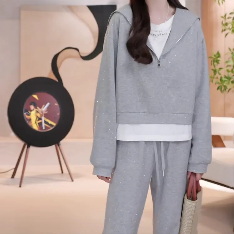 2025新款时尚设计感烫钻套装假两件长袖卫衣+休闲阔腿裤两件套