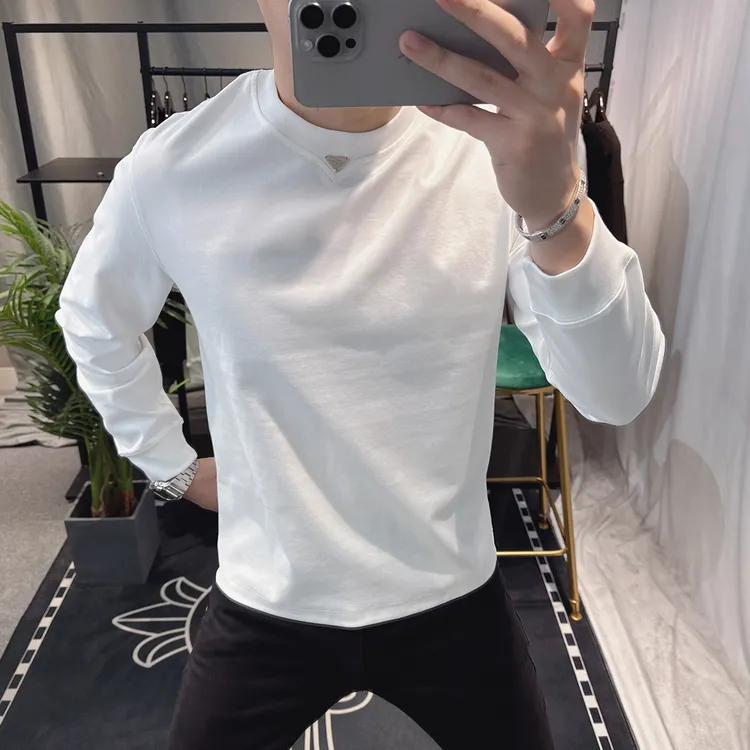 欧洲站设计感简约纯色长袖t恤男百搭圆领打底衫春秋白色上衣潮流