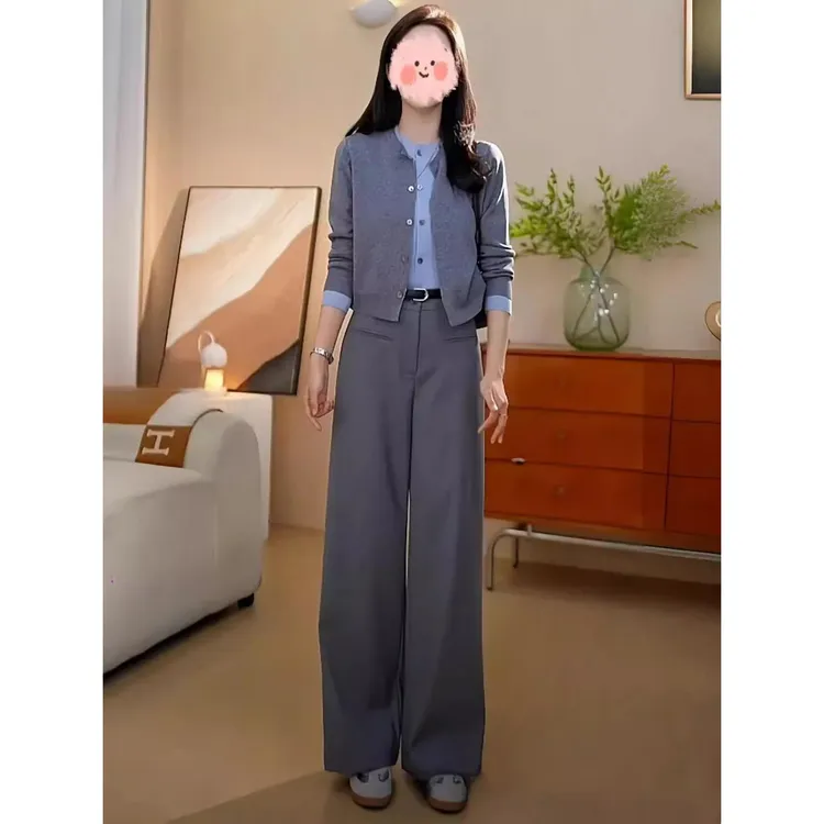 时尚职业套装女2025秋冬新款韩系假两件针织开衫西装直筒裤两件套