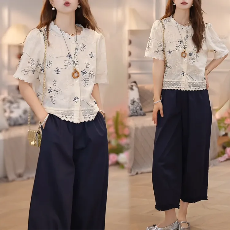 国风复古套装女2025夏季新款时尚气质短袖上衣花边阔腿休闲九分裤