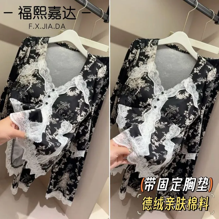 福熙嘉达2025新款睡衣女德绒拼蕾丝保暖套装宽松显瘦时尚家居服
