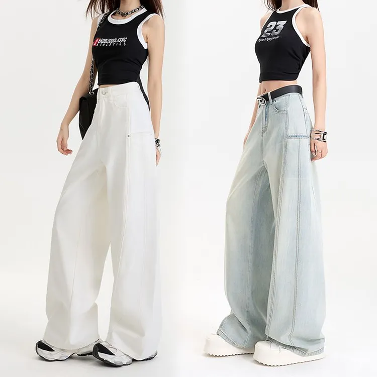 莱赛尔宽松阔腿牛仔裤女2025年夏季薄款拼接设计感高腰显瘦拖地裤