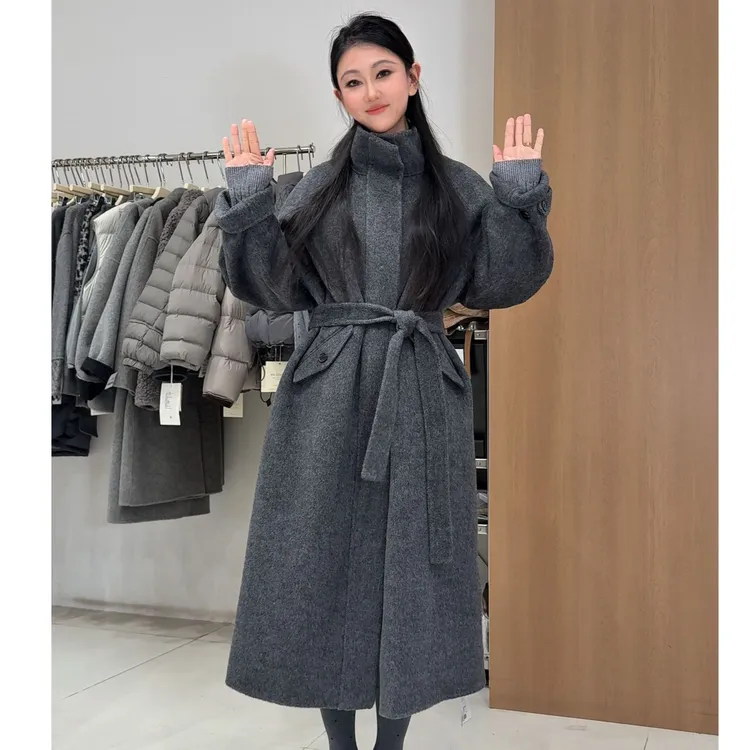 韩系灰调长款毛呢系带收腰大衣